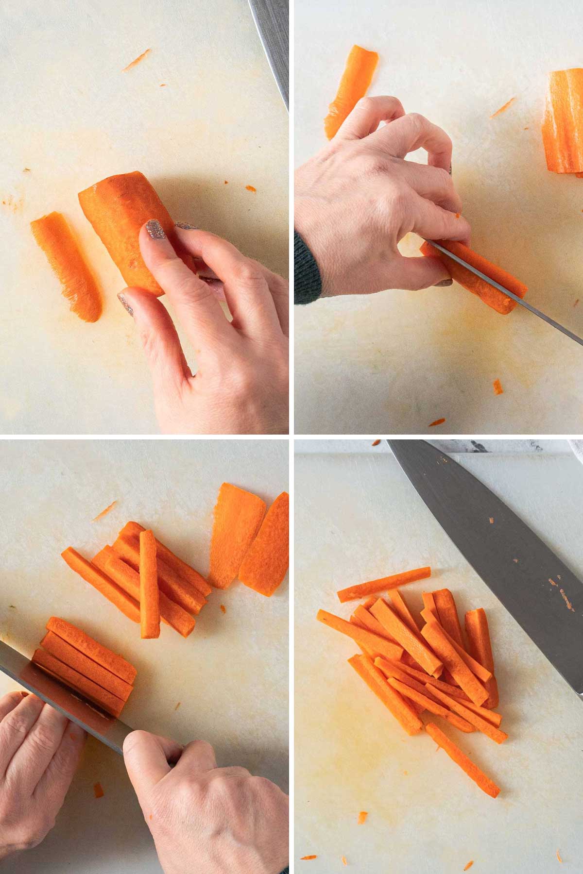Cutting carrots into matchsticks.
