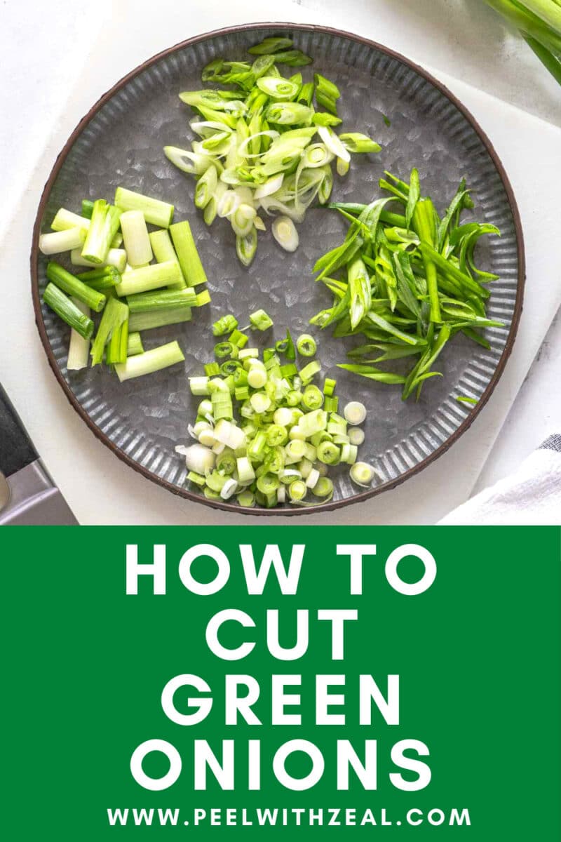 Green onions cut in different ways on a plate.