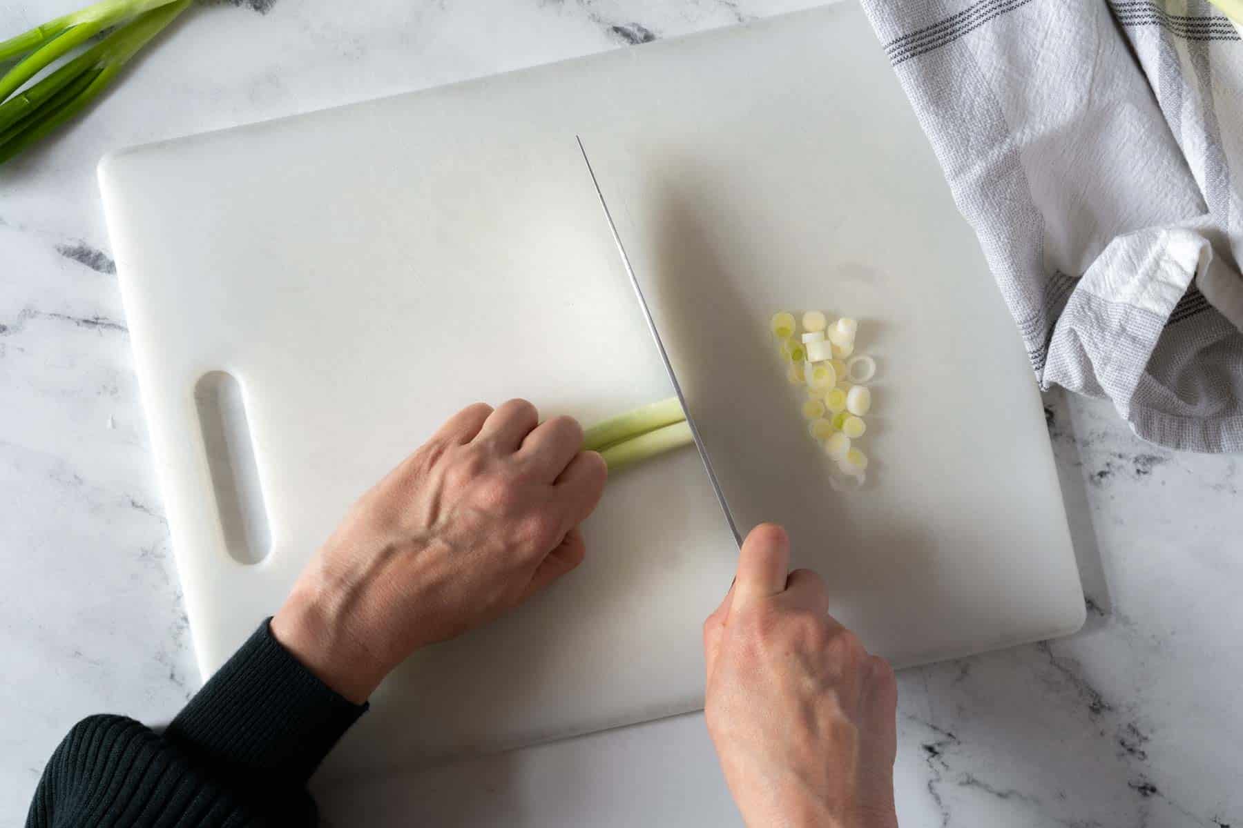 Slicing an onion into small rounds.