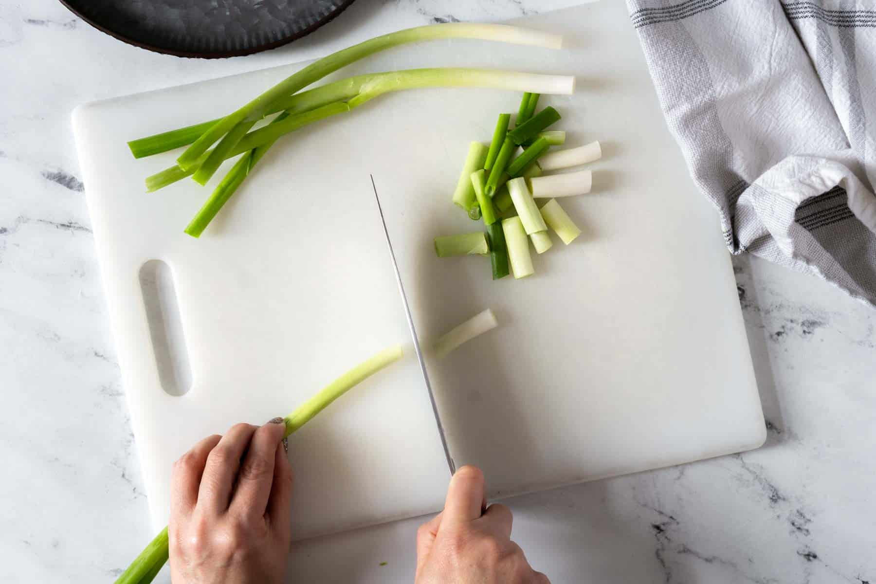 Person cutting green onions into chunks.