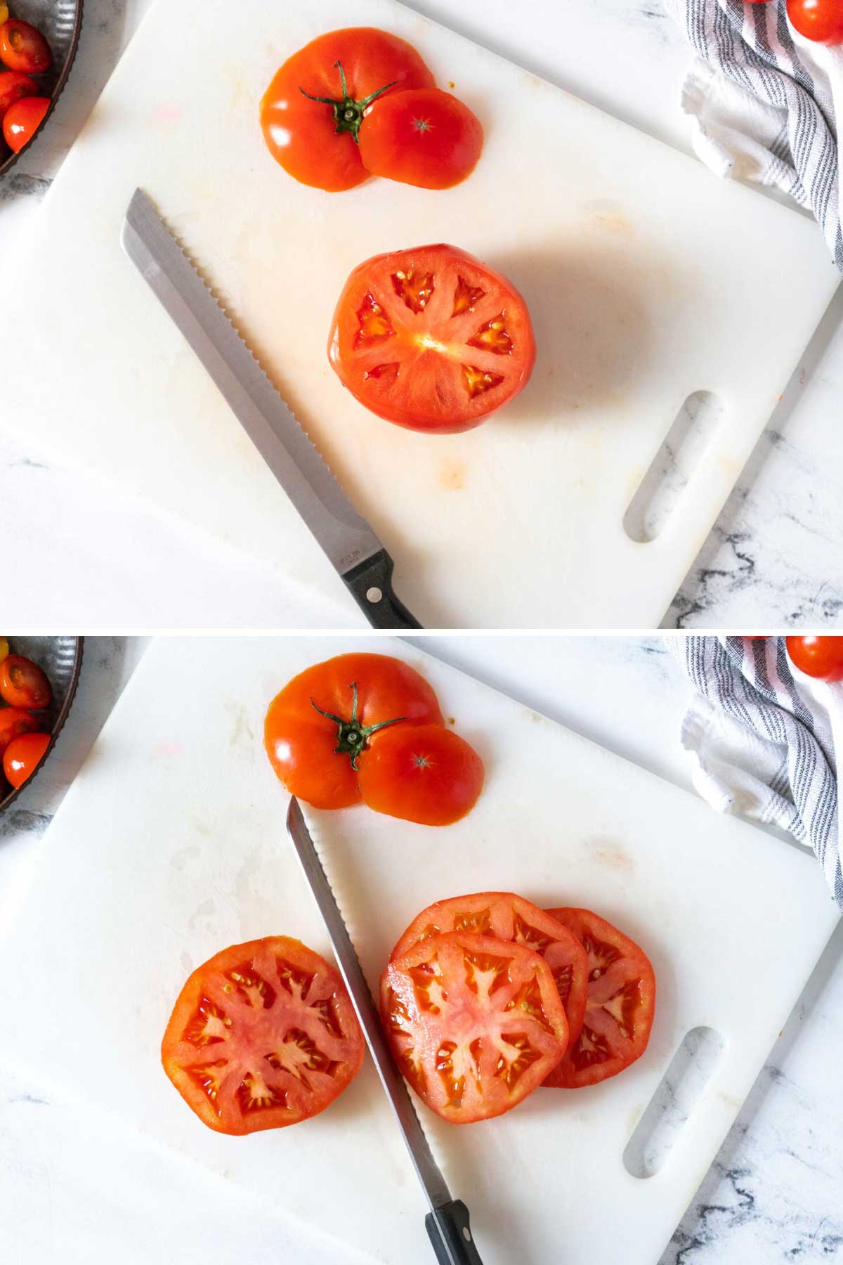 Slicing tomatoes with a bread knife.