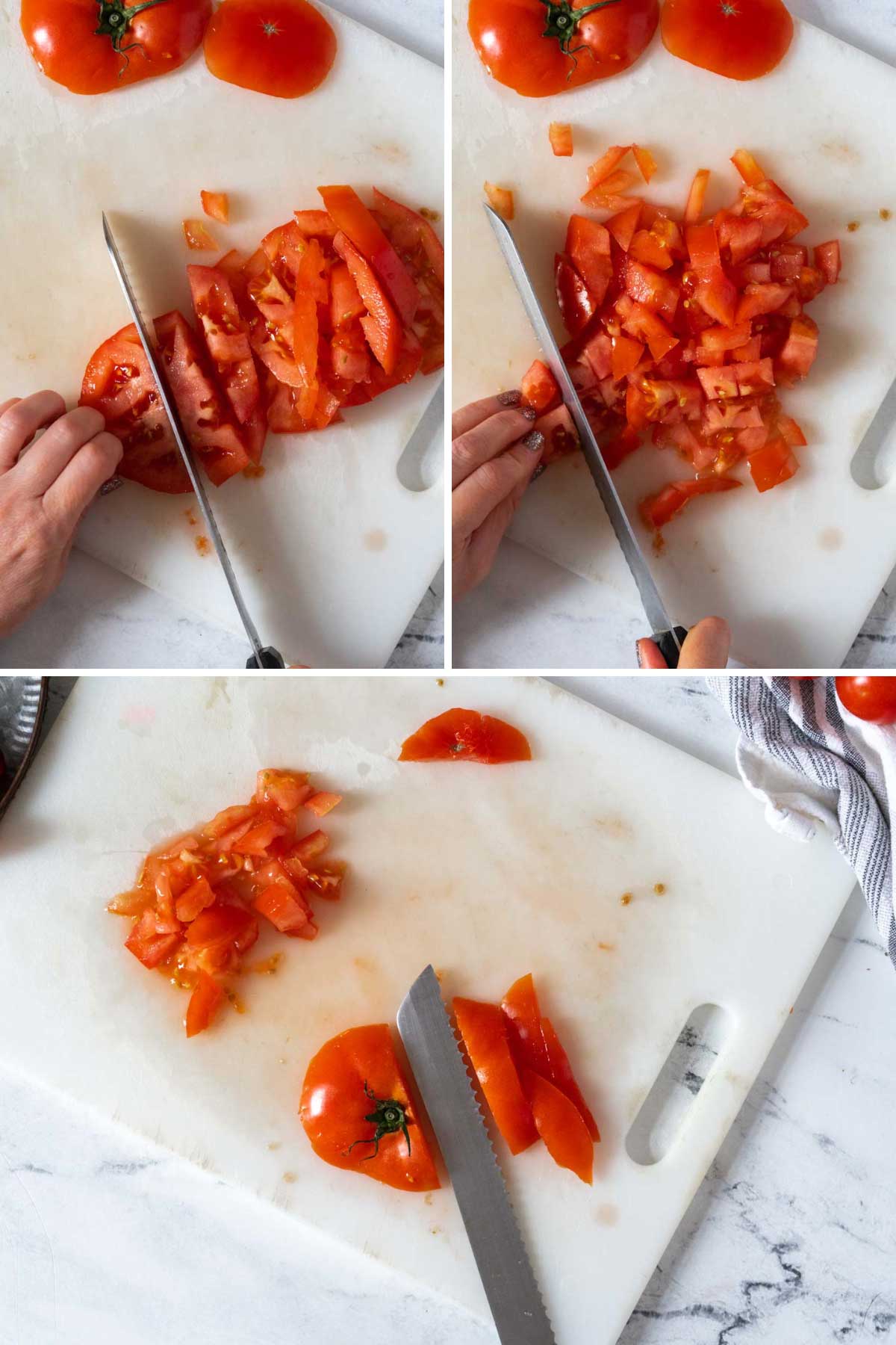 Dicing a large tomato.