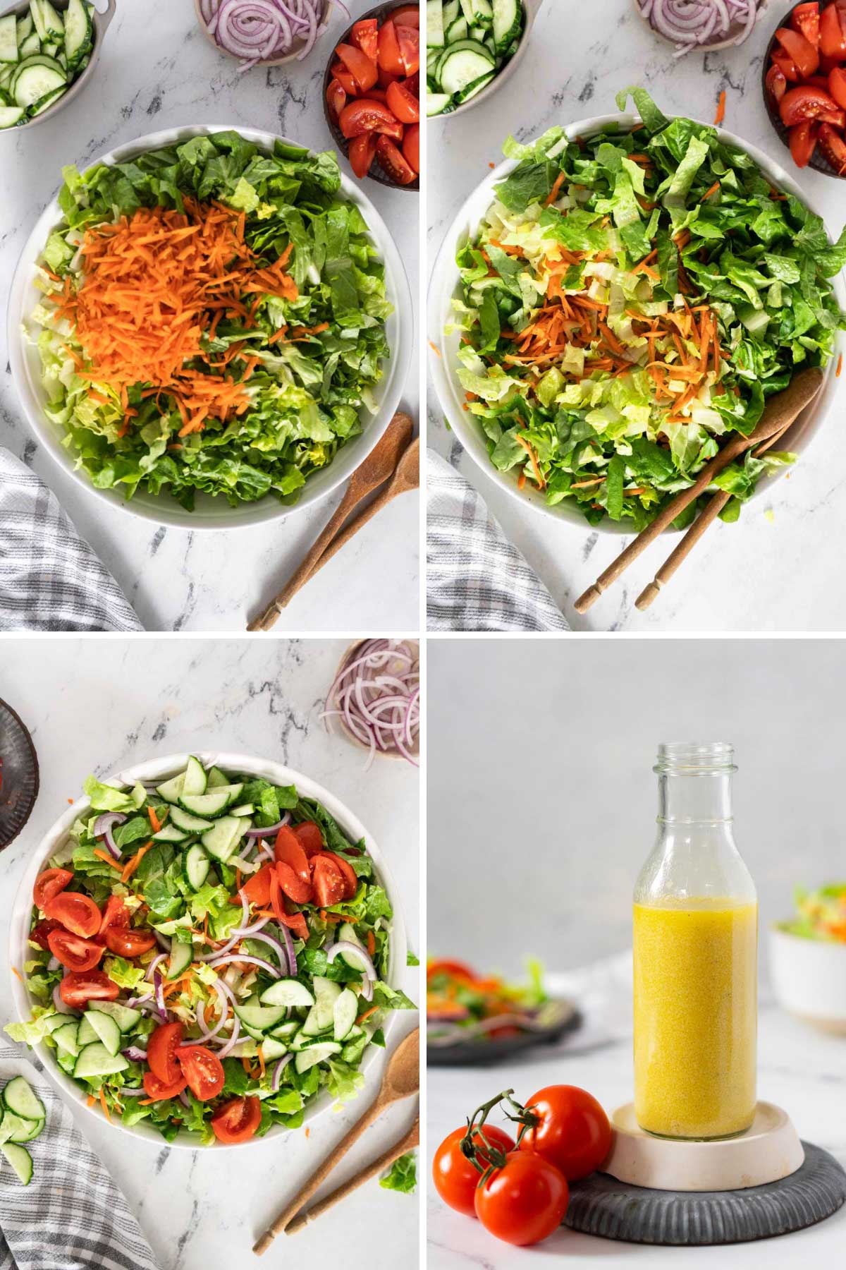Assembling the salad and the yellow salad dressing in a bottle.