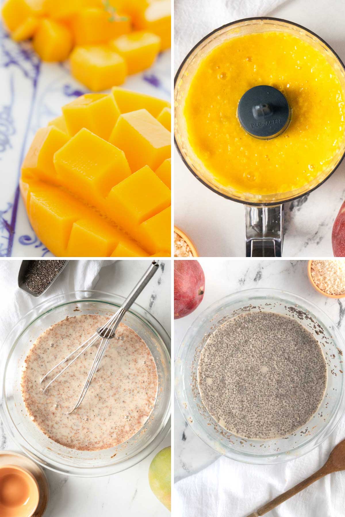 Chia pudding before and after sitting overnight.