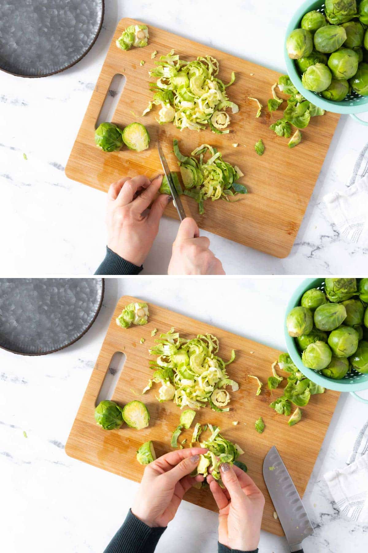 Person cutting brussels sprouts.
