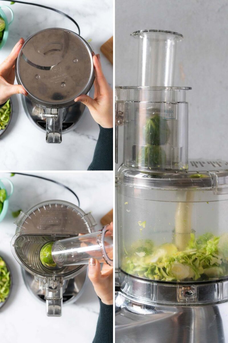 Using a food processor to shave brussels sprouts.