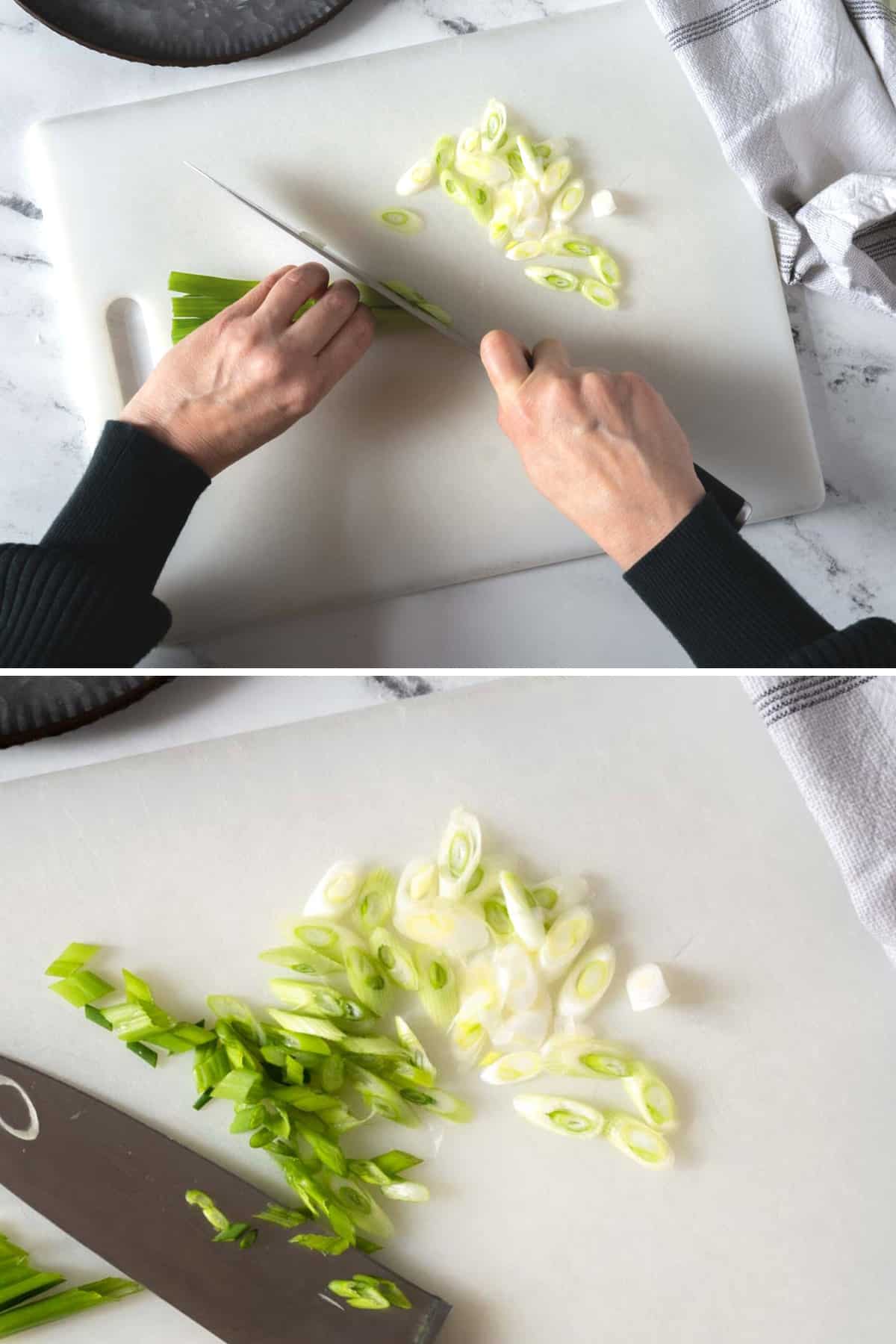 A person slicing a green onion at a diagnol.