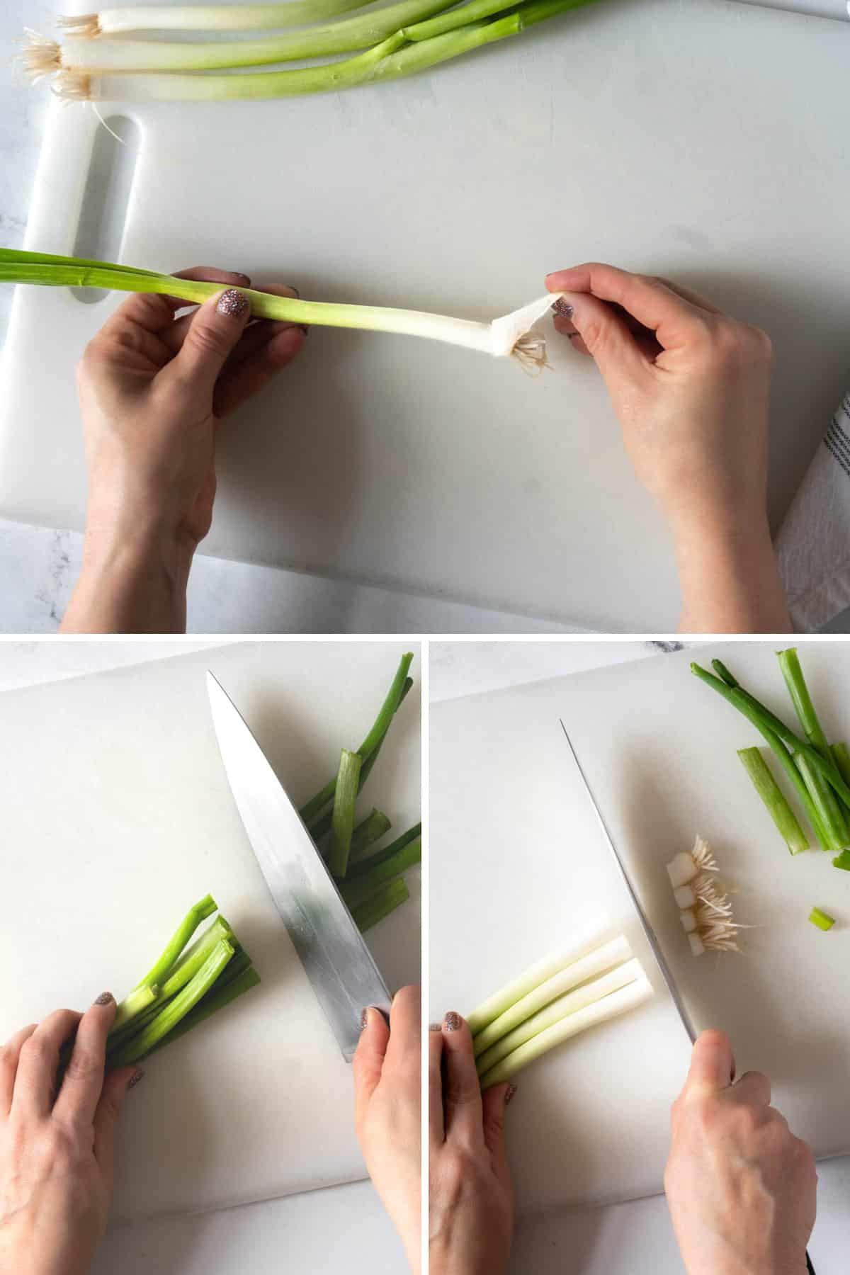 Person cleaning and trimming a green onion.
