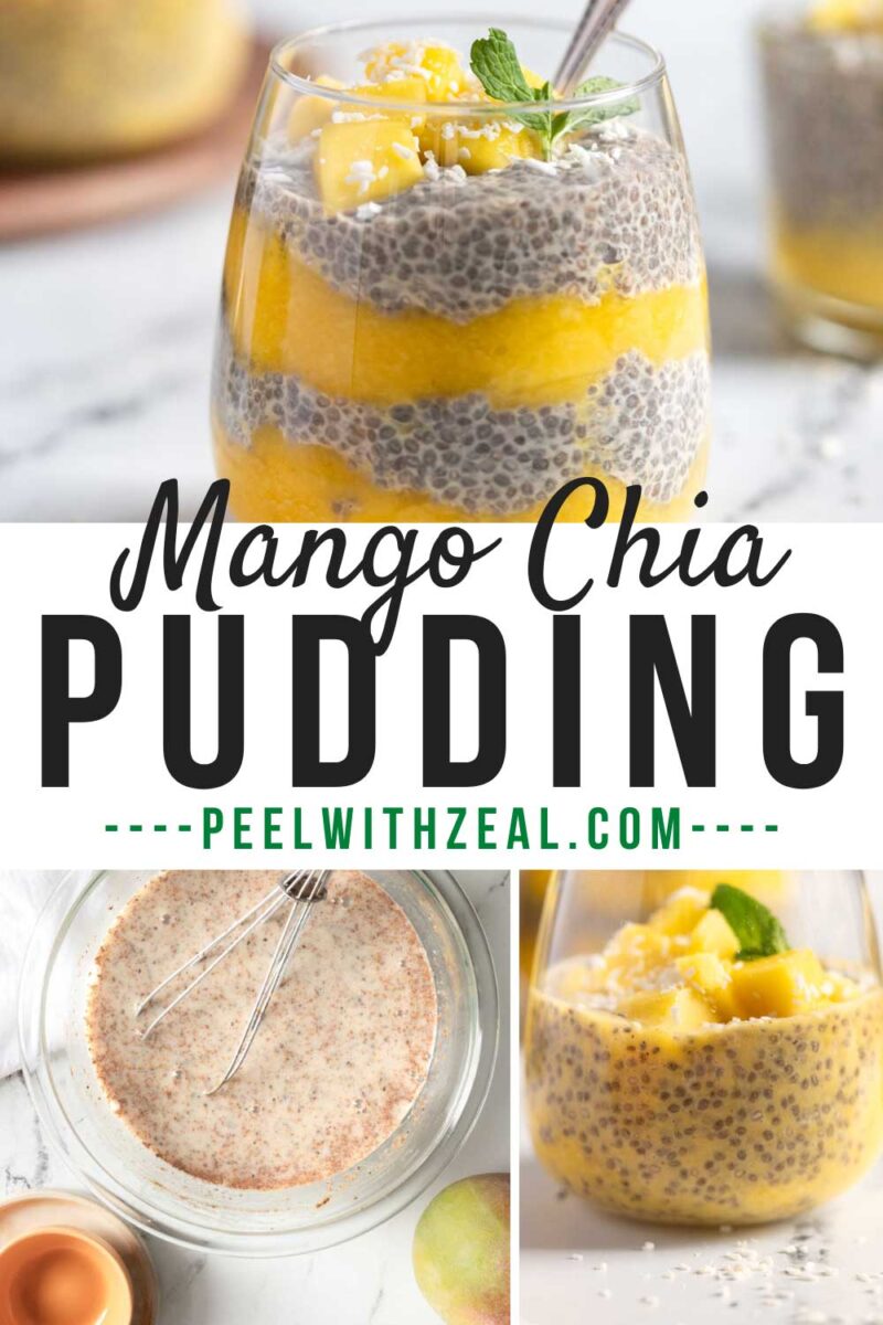 Mango chia pudding in a glass with a spoon.