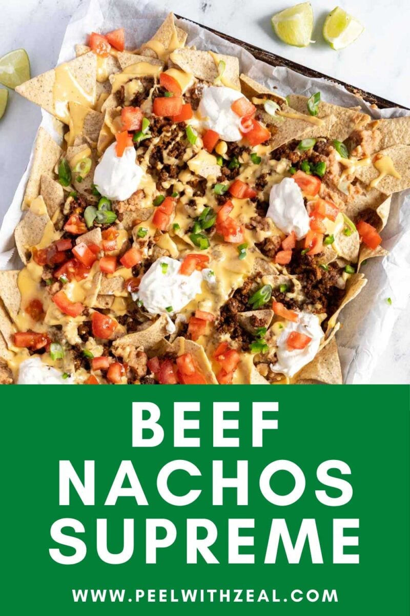 Beef nachos on a sheet pan.