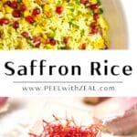 Saffron rice in a serving bowl with threads of saffron in a small dish.