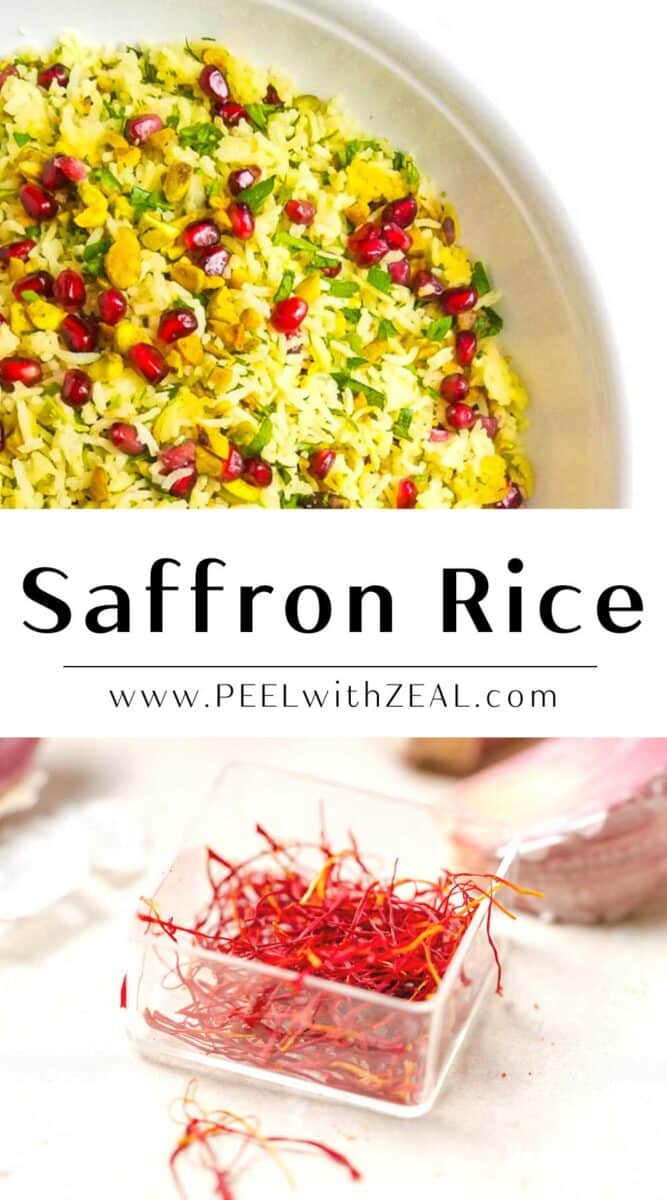 Saffron rice in a serving bowl with threads of saffron in a small dish.