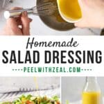 Salad dressing in a bottle and a green salad on the side.