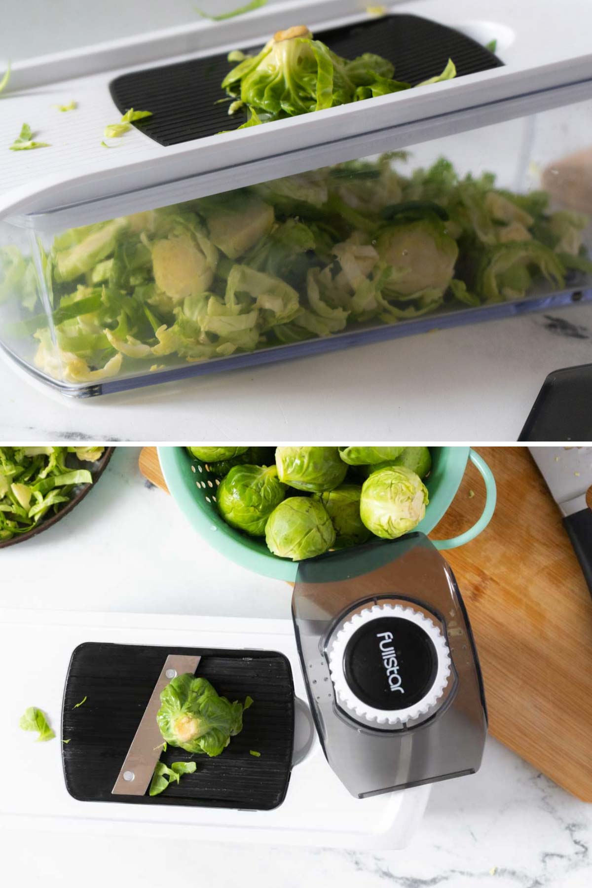 Slicing brussels sprouts on a mandolin.