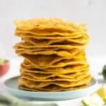 Tostada shells stacked on a plate.