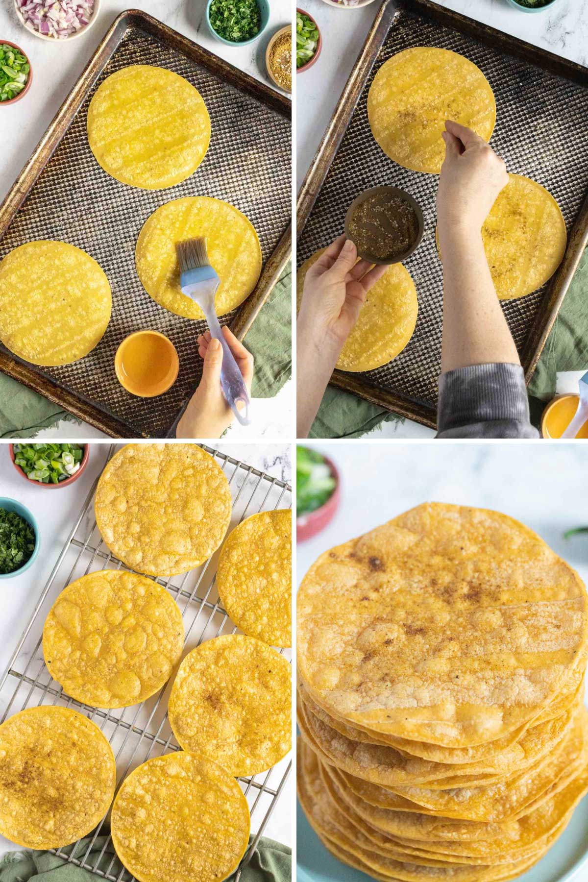 Brushing tortillas with oil and seasoning them.