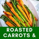 Roasted asparagus and carrots on a serving platter.