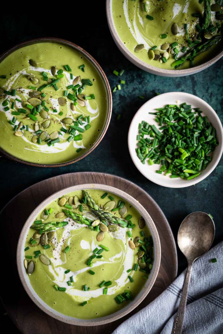 Creamy Broccoli Asparagus Soup with Goat Cheese