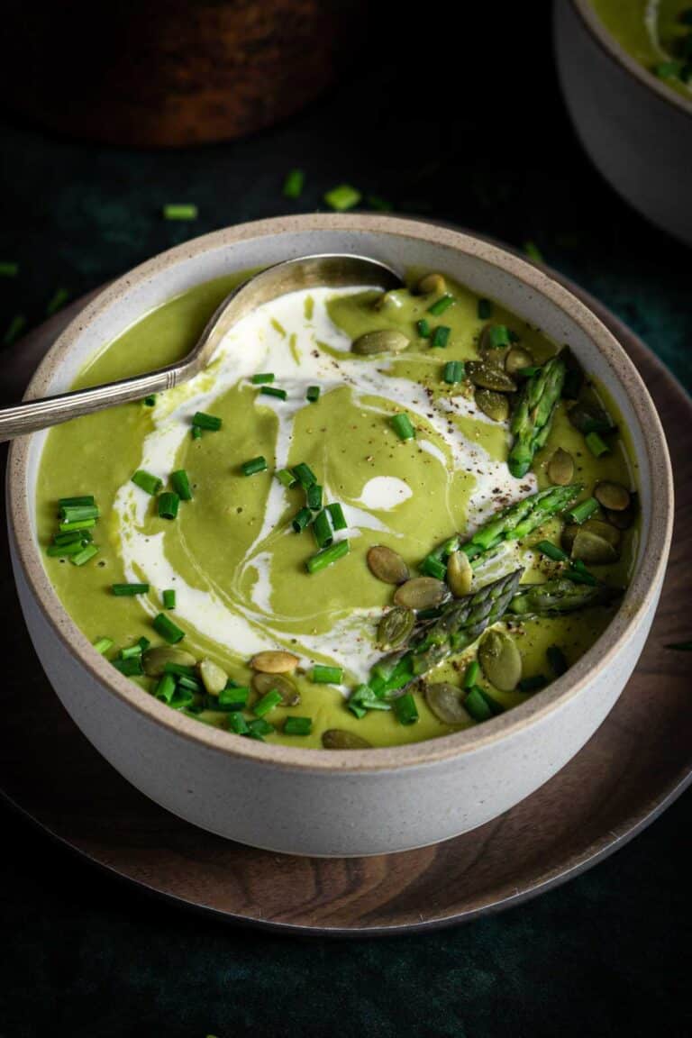 Creamy Broccoli Asparagus Soup with Goat Cheese