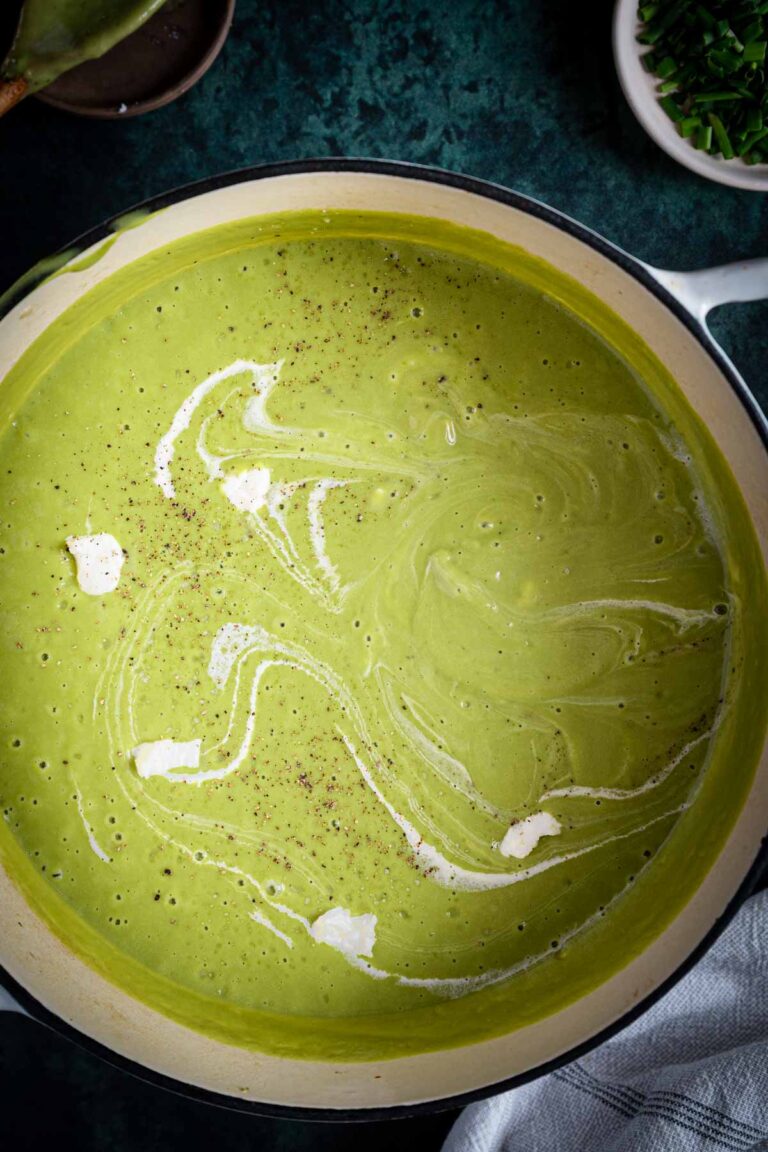 Creamy Broccoli Asparagus Soup with Goat Cheese