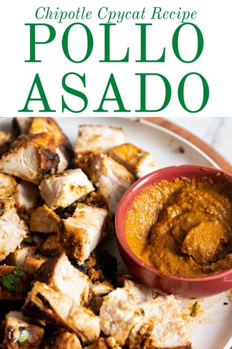 Chicken asada with sauce on a plate.