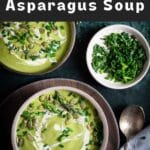 Bowls of asparagus soup on a table.