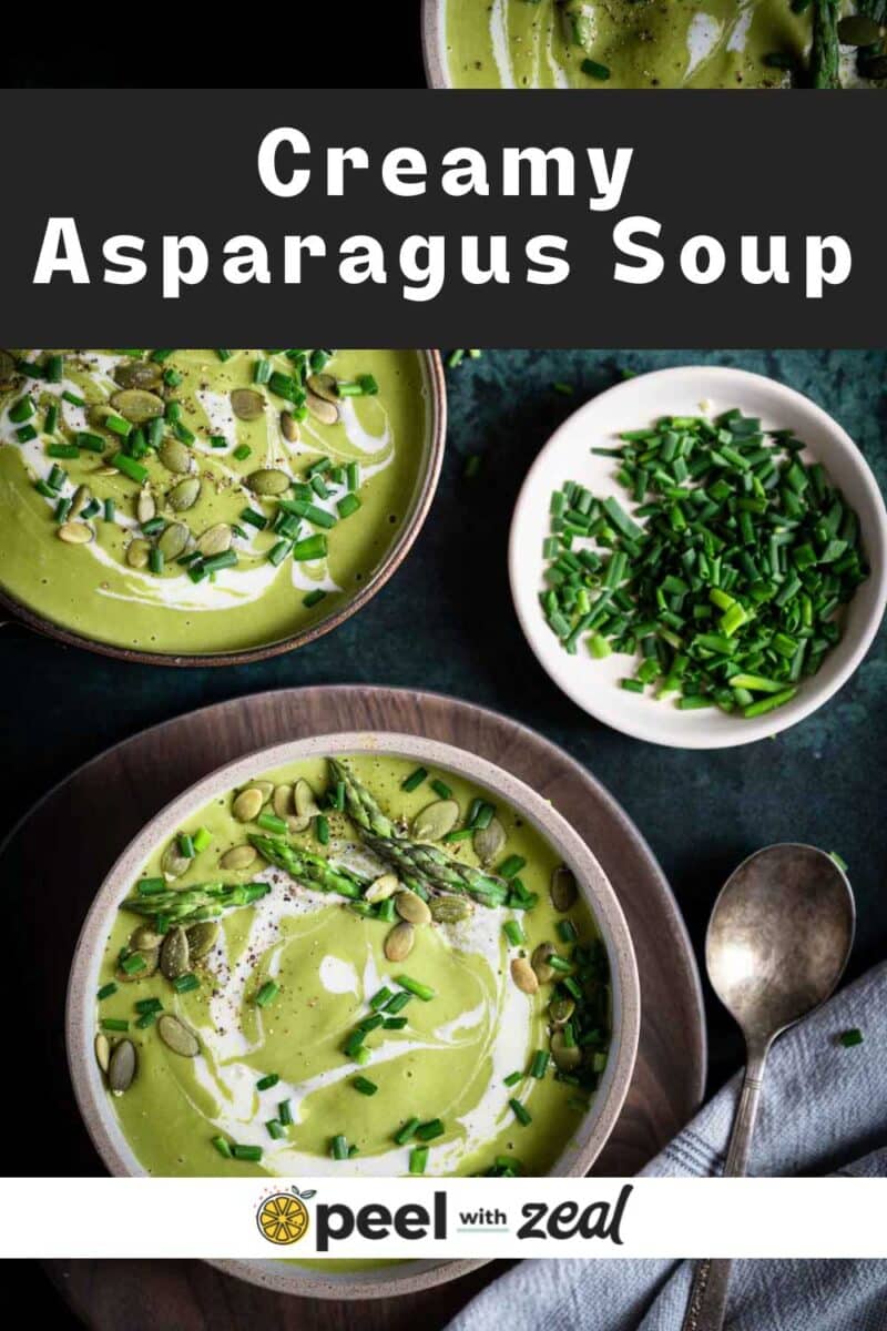 Bowls of asparagus soup on a table.