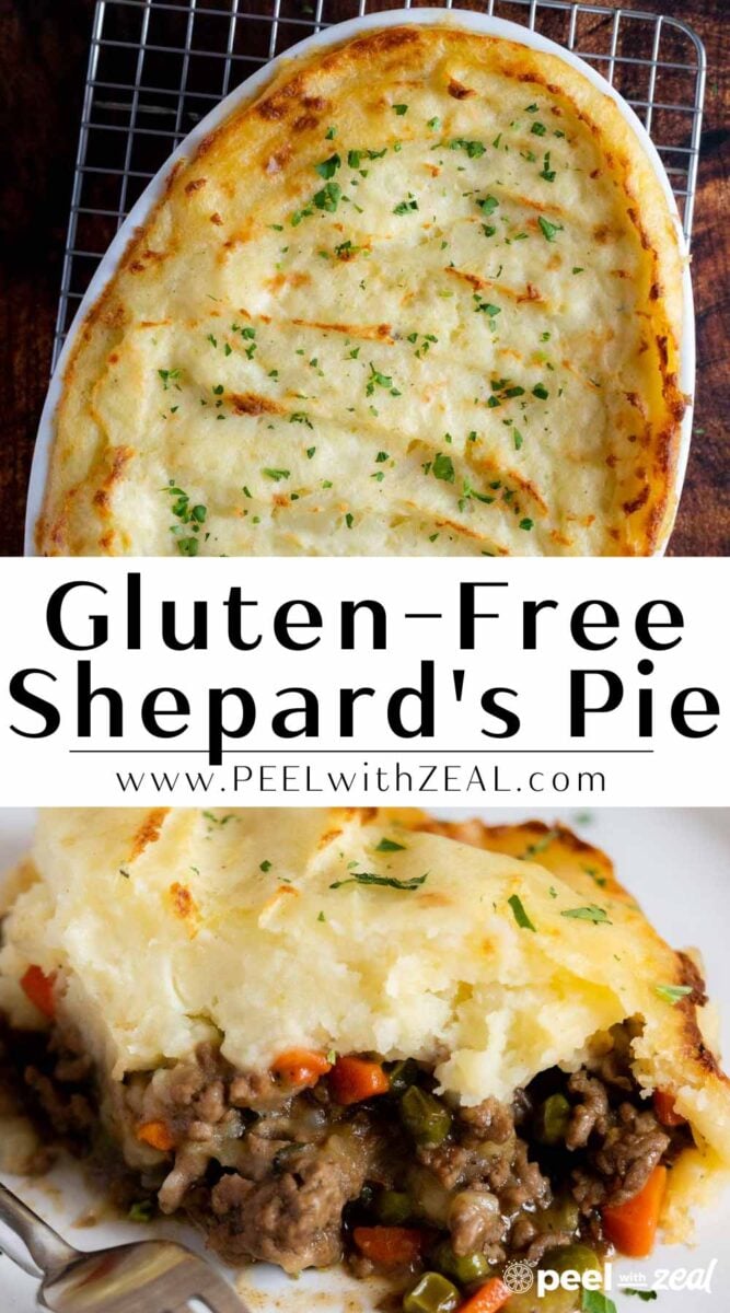 Shepherds pie in a casserole dish.