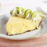 Slice of key lime pie on a plate.