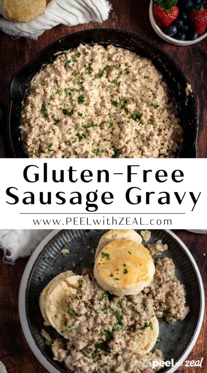 Sausage country gravy in a skillet.