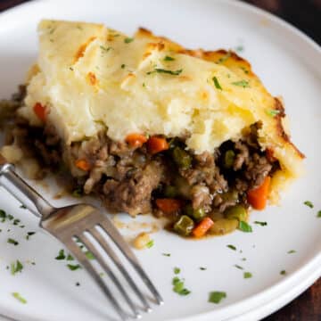 Shepherds pie served on a plate.