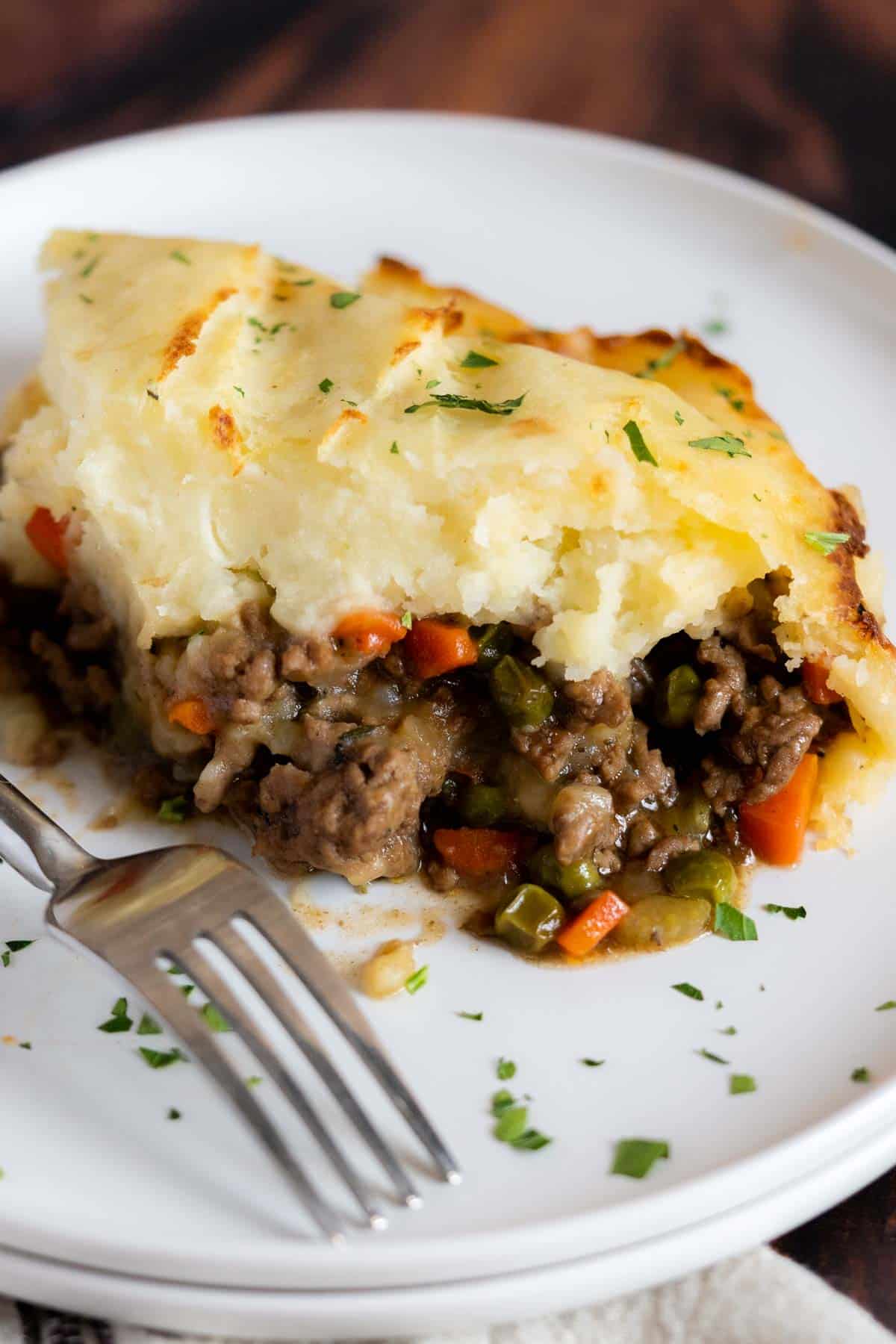 Shepherds pie served on a plate.