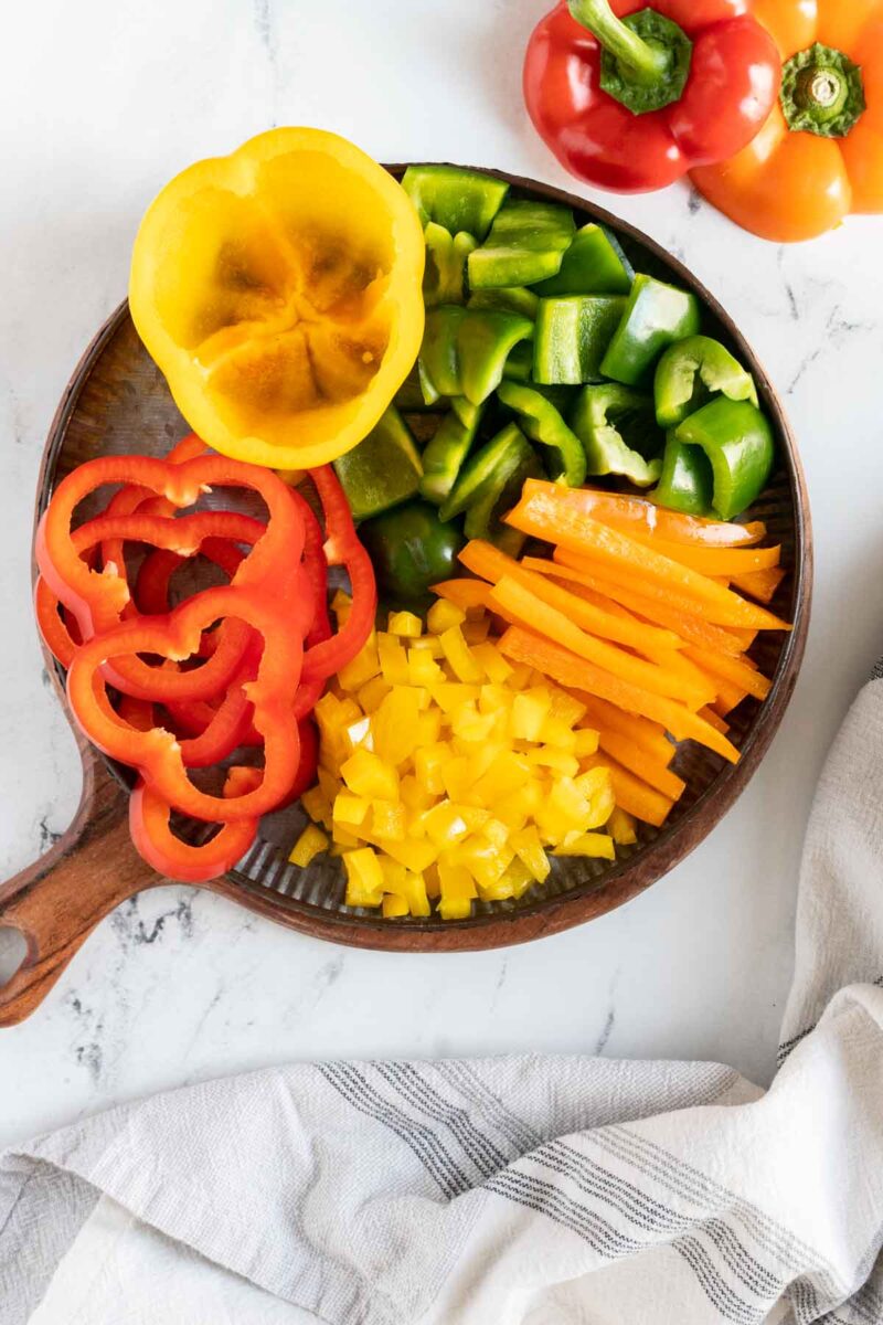 Bell peppers cut in different ways.
