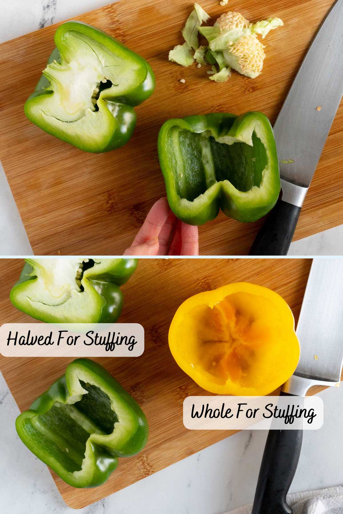 Two ways to cut peppers for making stuffed peppers.