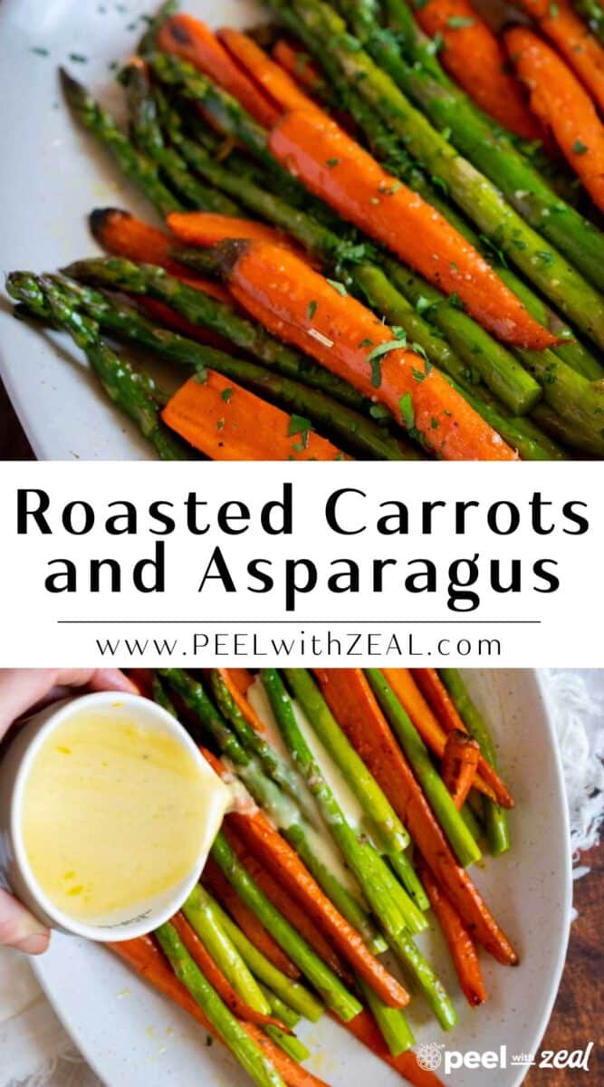 Roasted asparagus and carrots on a serving platter.