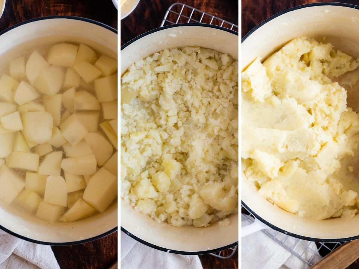 Three side-by-side images show diced potatoes in water, cooked and drained potatoes, and mashed potatoes in a white pot-perfect for topping a gluten-free shepherd's pie.
