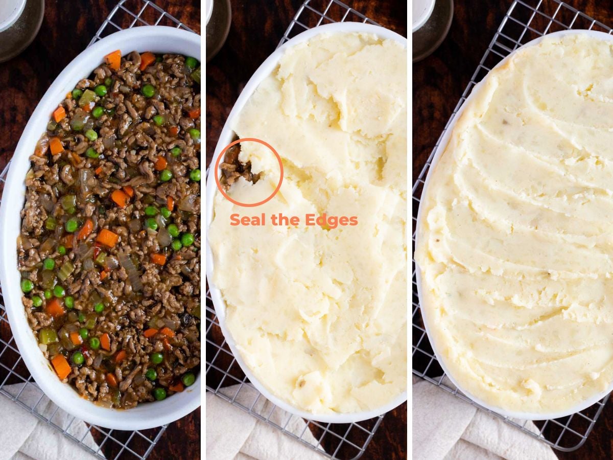 Three-step process of assembling gluten-free shepherd's pie: cooked meat and vegetables in a dish, mashed potatoes spread on top with edges sealed, and final smooth potato layer before baking.