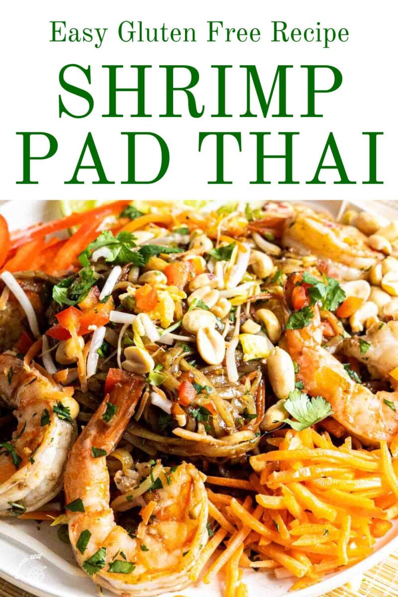 Shrimp on top of pad thai noodles.
