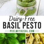 Basil pesto in bowl with spoon.
