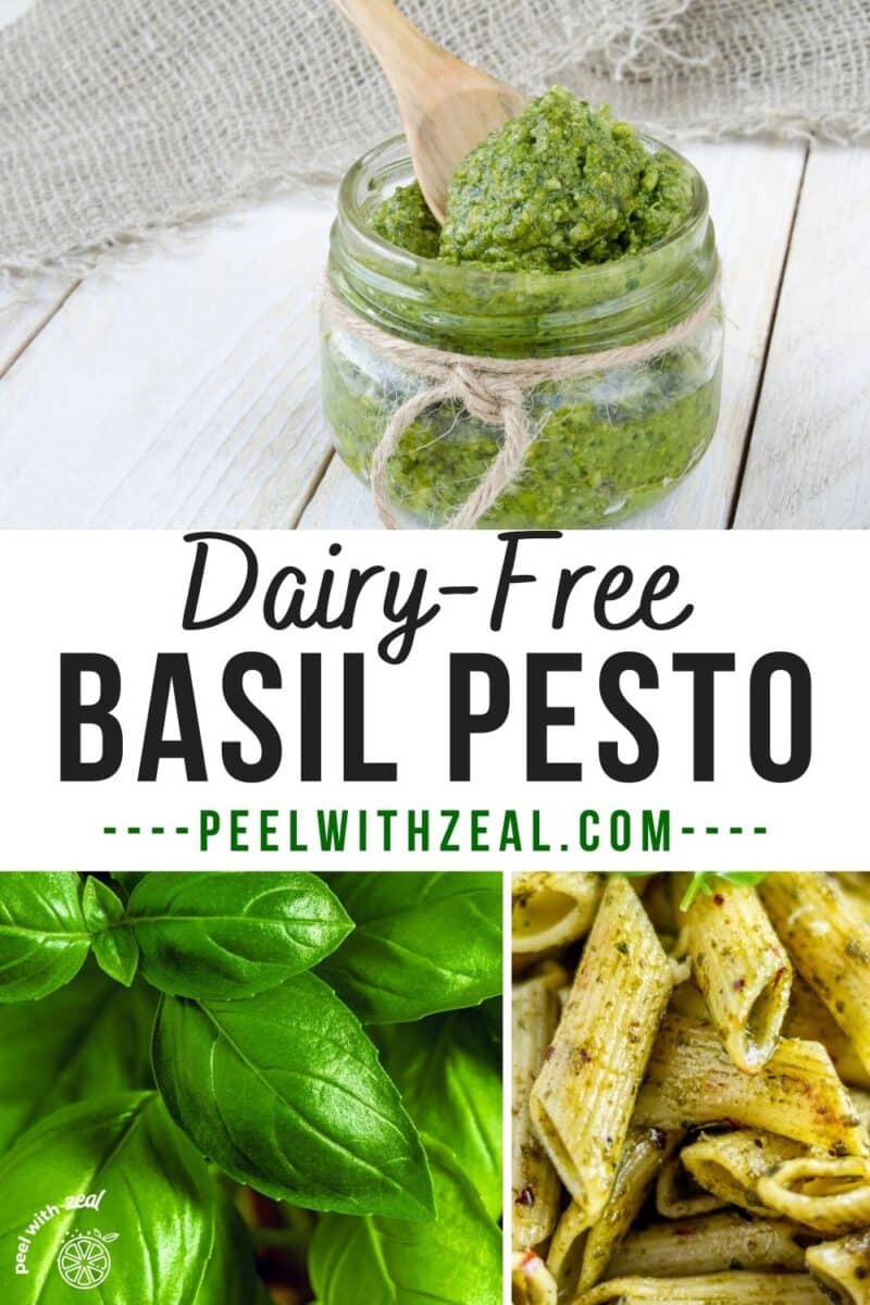 Basil pesto in bowl with spoon.