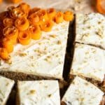 Carrot cake cut into slices.