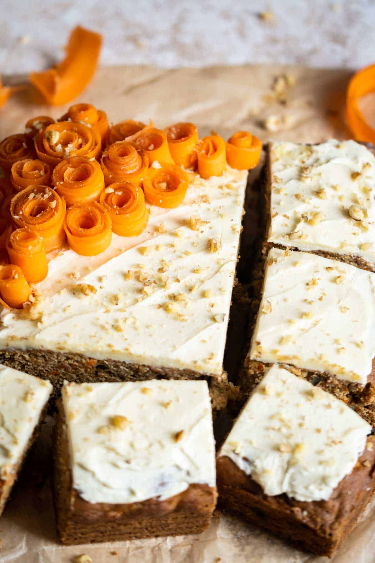 Carrot cake cut into slices.