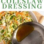 Pouring warm dressing on coleslaw mix.