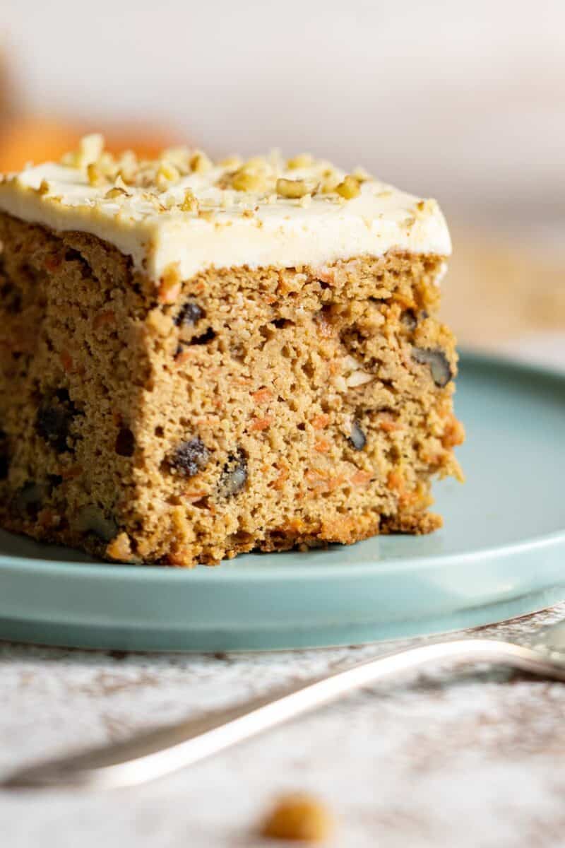 Slice of cake on a blue plate.