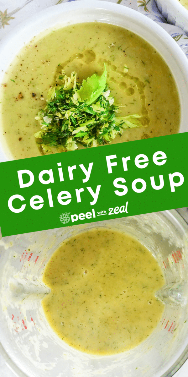 Soup in a white bowl with celery leaves.