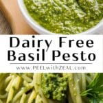 Basil pesto in bowl and a plate or pesto pasta.