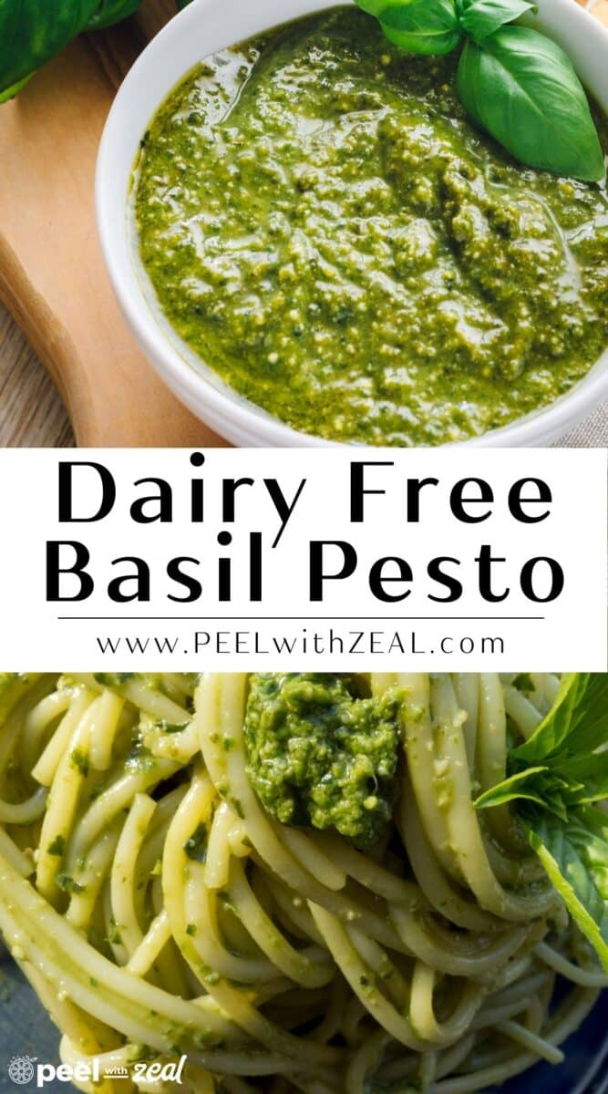 Basil pesto in bowl and a plate or pesto pasta.