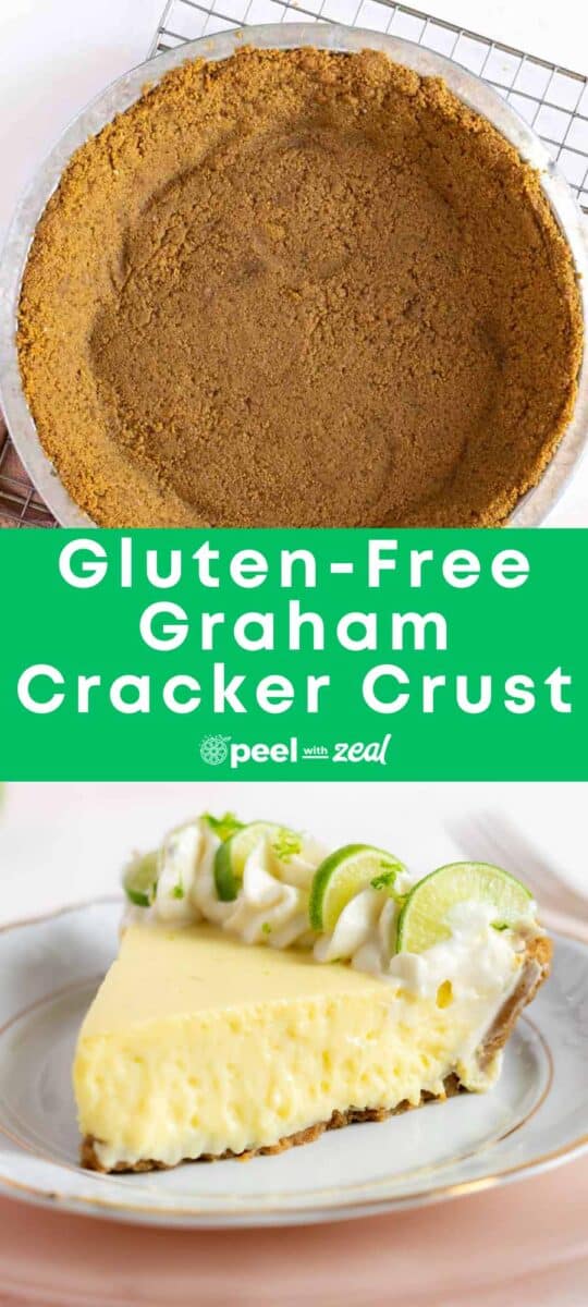 Graham cracker pie crust in a pan on a cooling rack.