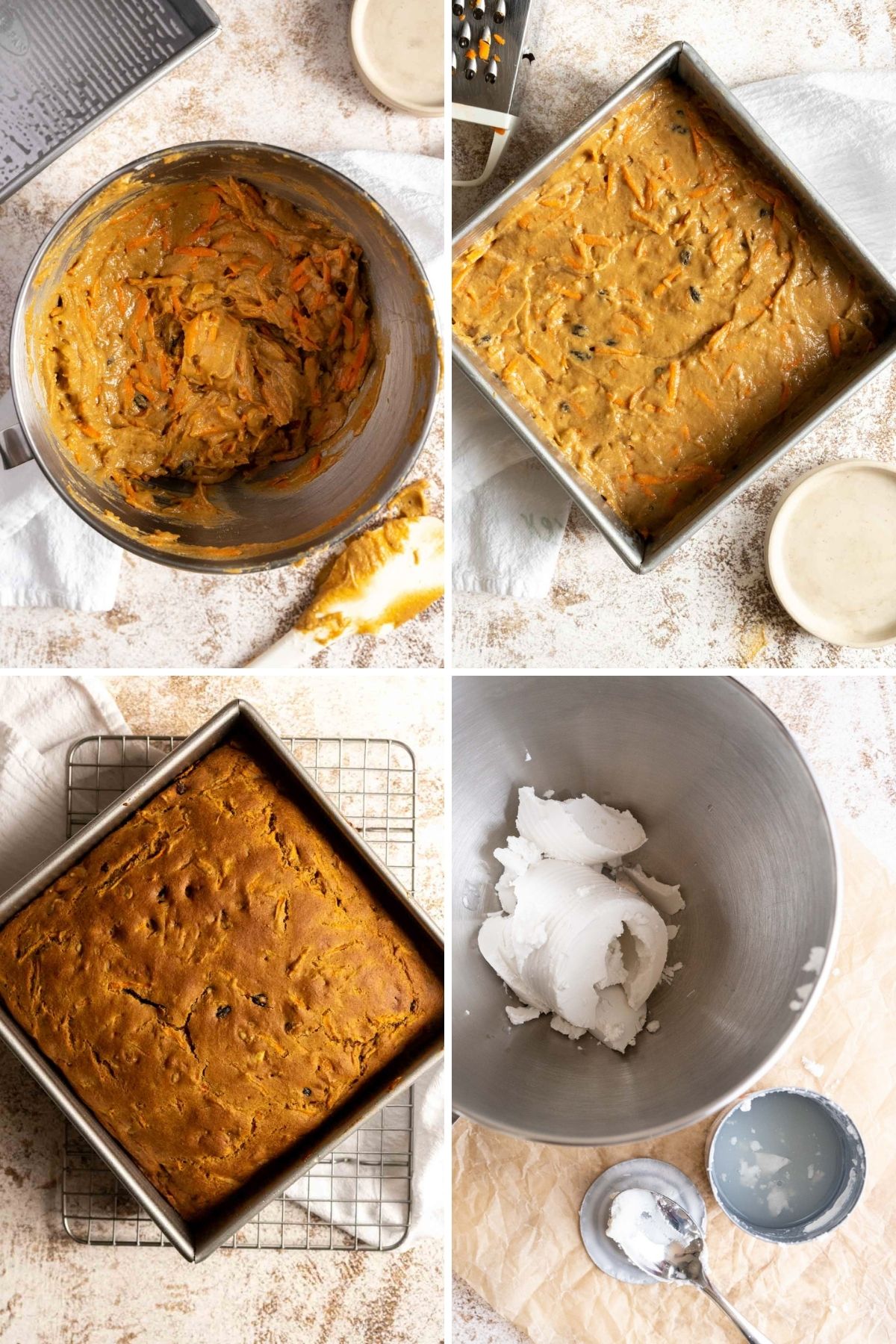 Mixing carrots and walnuts into cake batter. Baked cake on a wire rack.