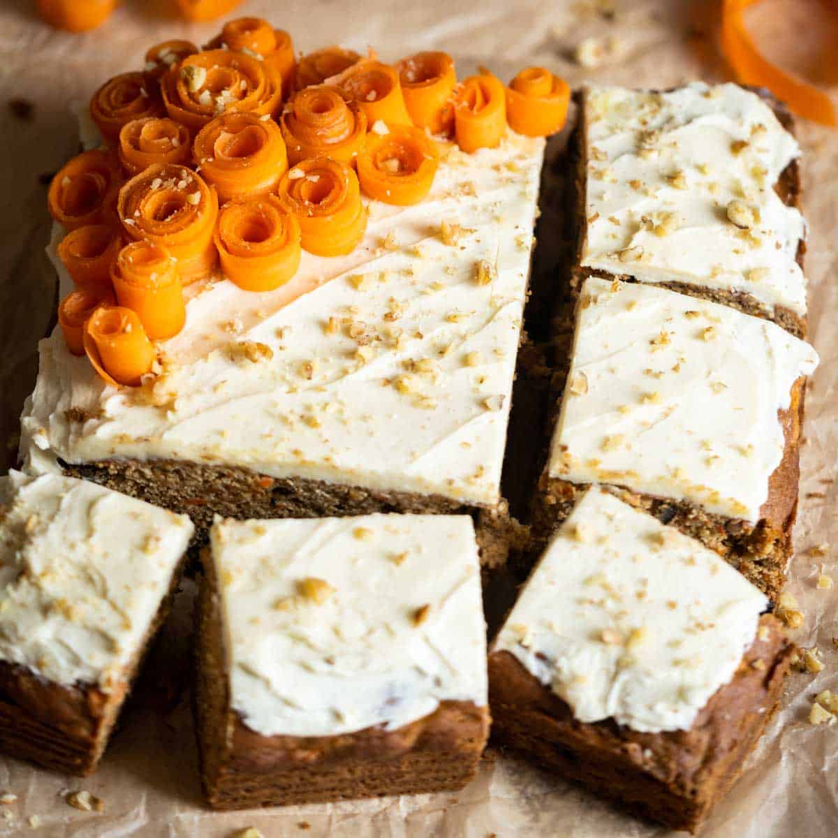 Carrot cake cut into slices.